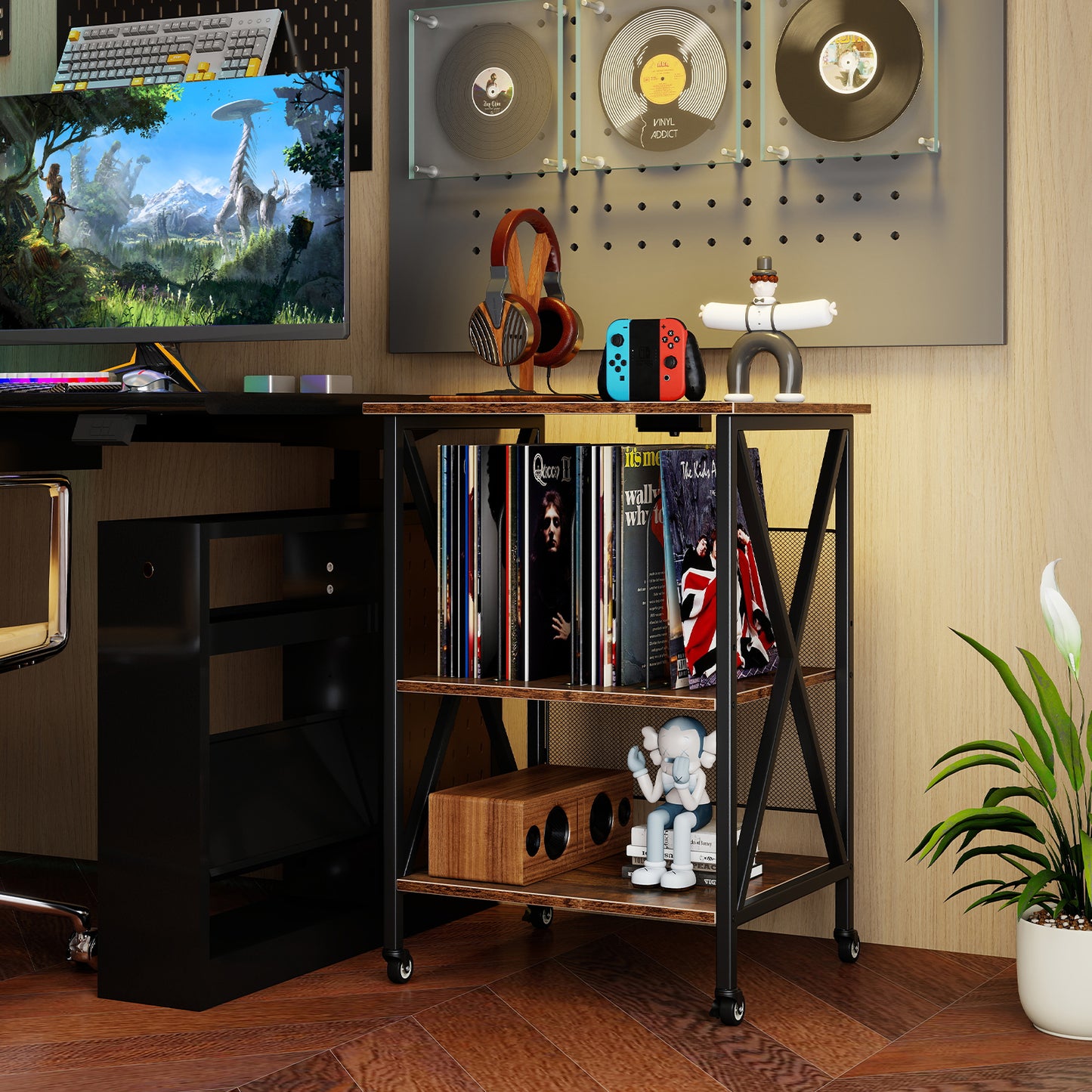 3-Tier Record Player Stand with Charging Station and Adjustable Shelf-Coffee