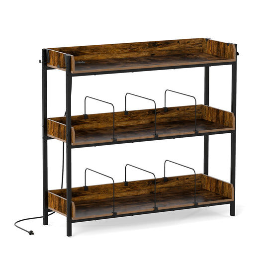 Rustic brown 3-tier record player stand with metal dividers and built-in power outlets for home office or entertainment storage.