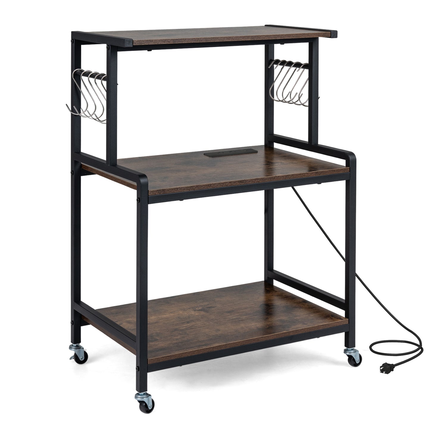 Rustic brown 3-tier rolling microwave cart with power outlet, lockable wheels, and 10 hooks, designed for kitchen and dining use.