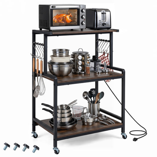 Rustic brown 3-tier rolling microwave cart with lockable wheels, power outlet, and 10 hooks, designed for kitchen and dining space.