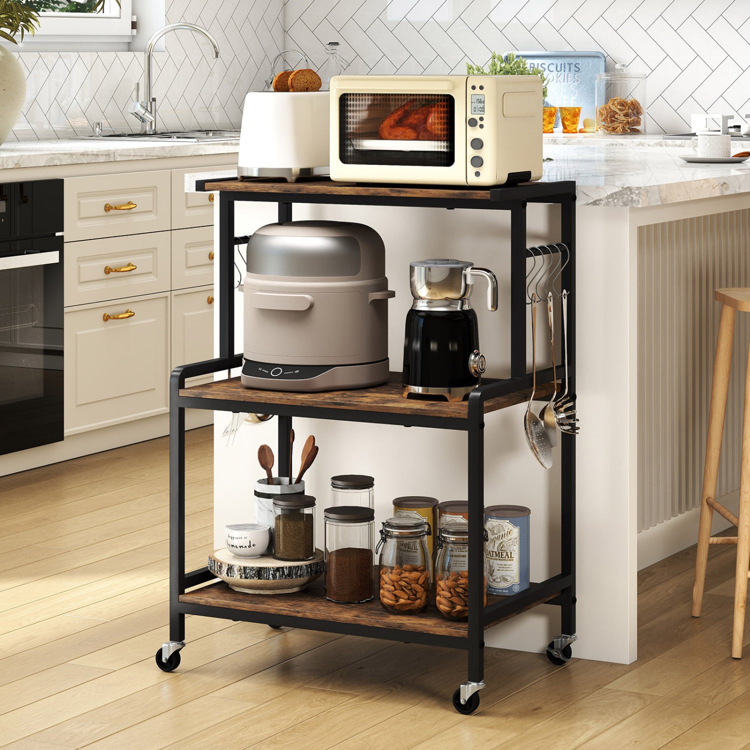 Rustic brown 3-tier rolling microwave cart with power outlet, lockable wheels, and 10 hooks, suitable for kitchen and dining spaces.