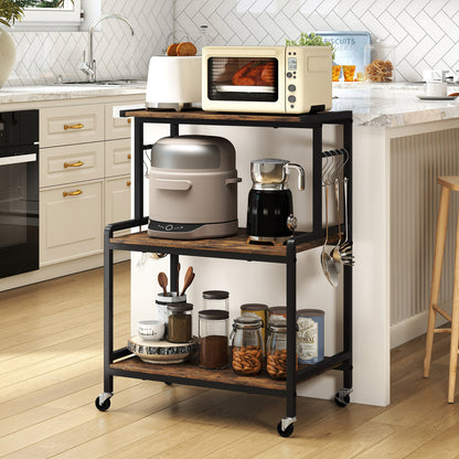 Rustic brown 3-tier rolling microwave cart with power outlet, lockable wheels, and 10 hooks, suitable for kitchen and dining spaces.
