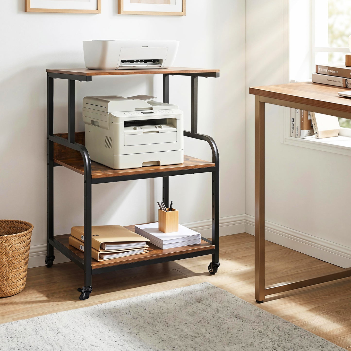 3-Tier Rolling Printer Stand with Adjustable Shelf and Lockable Wheels-Black
