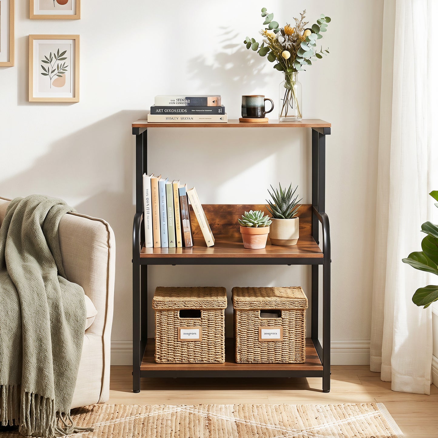 3-Tier Rolling Printer Stand with Adjustable Shelf and Lockable Wheels-Black