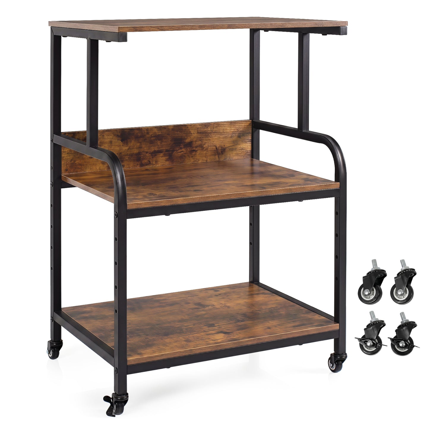 3-Tier Rolling Printer Stand with Adjustable Shelf and Lockable Wheels-Black