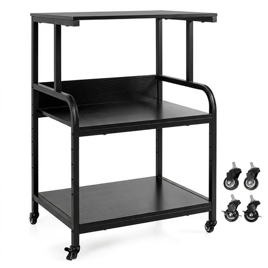 3-Tier Rolling Printer Stand with Adjustable Shelf and Lockable Wheels-Black