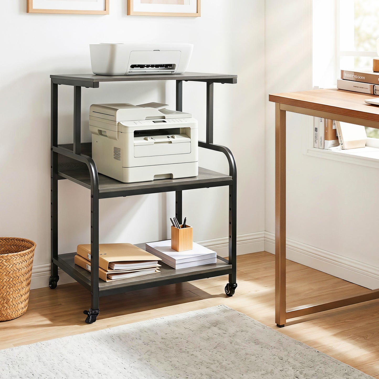 3-Tier Rolling Printer Stand with Adjustable Shelf and Lockable Wheels-Black