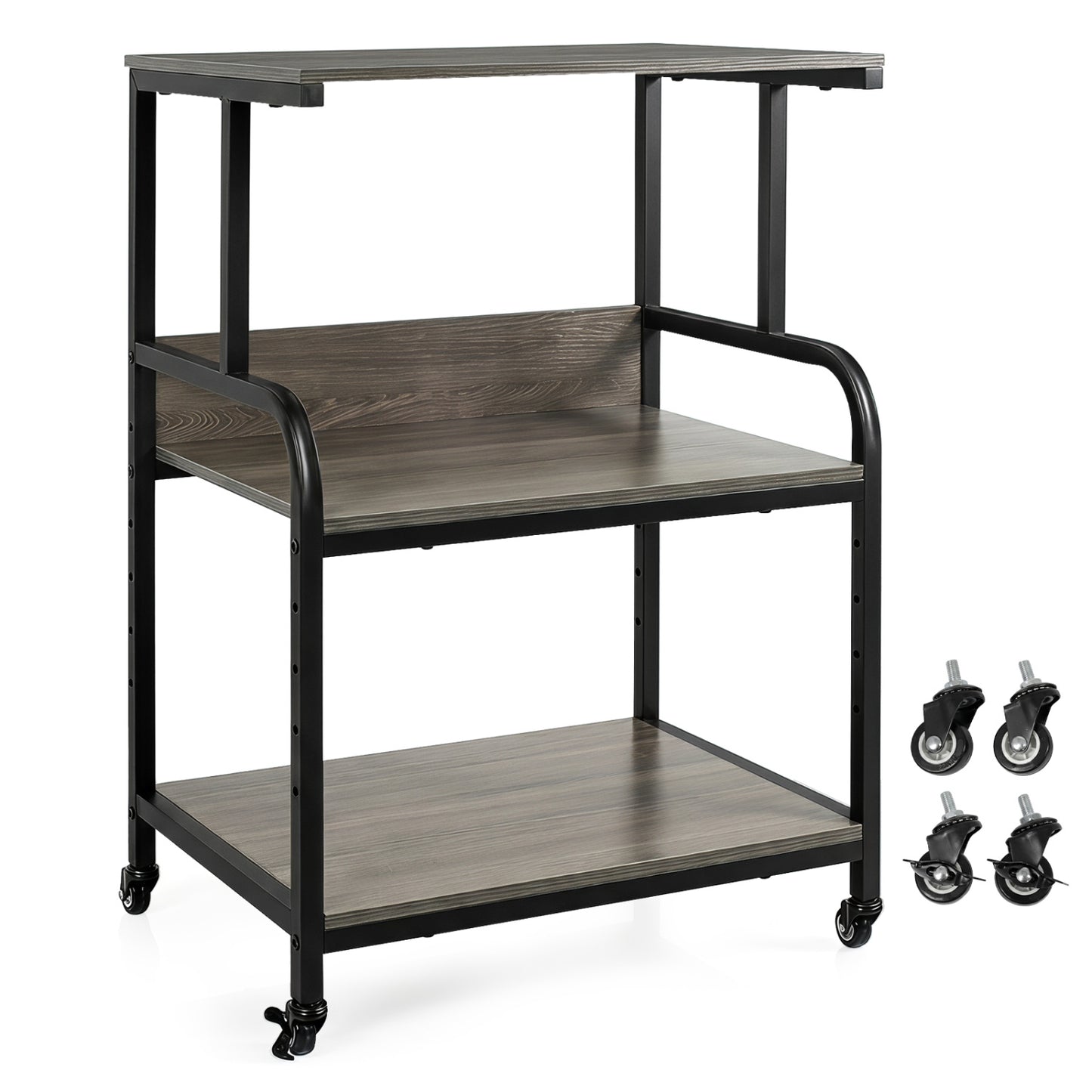 3-Tier Rolling Printer Stand with Adjustable Shelf and Lockable Wheels-Black