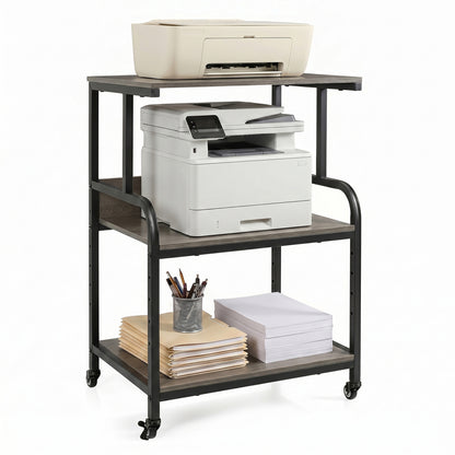 3-Tier Rolling Printer Stand with Adjustable Shelf and Lockable Wheels-Black