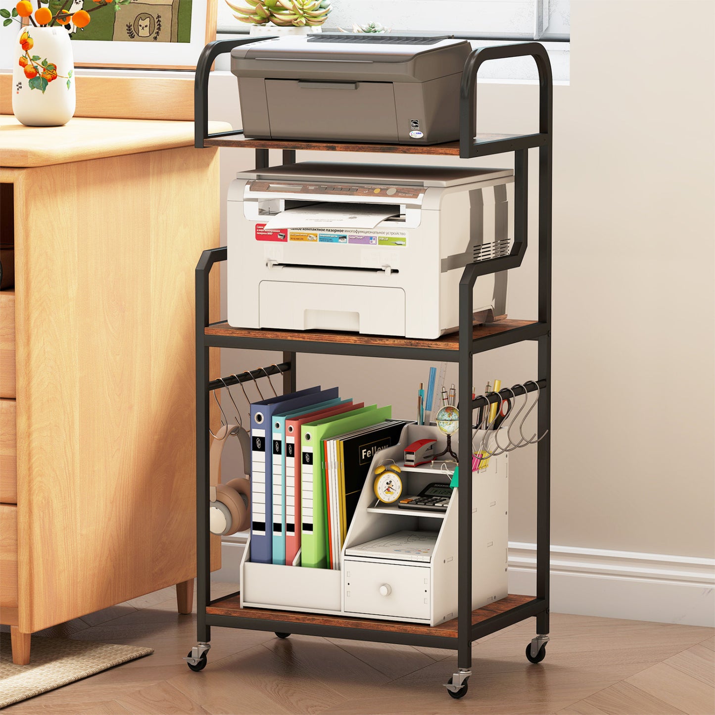 3-Tier Rolling Printer Stand with Storage Shelves & 10 Hooks and Locking Wheels-Rustic Brown