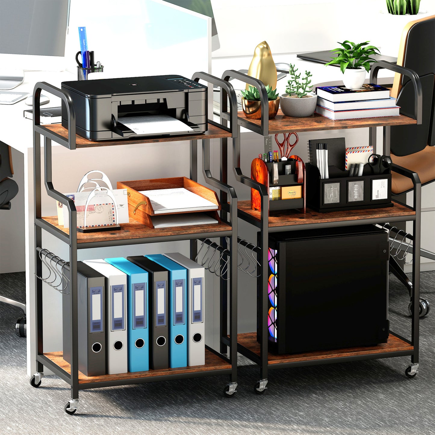 3-Tier Rolling Printer Stand with Storage Shelves & 10 Hooks and Locking Wheels-Rustic Brown