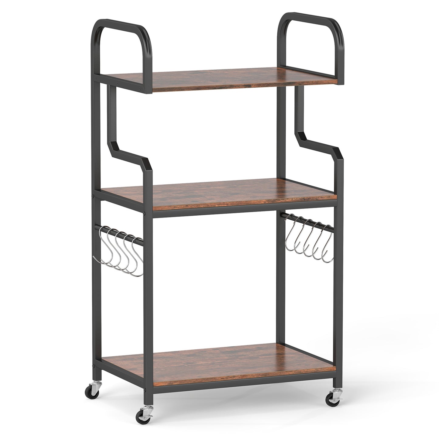 3-Tier Rolling Printer Stand with Storage Shelves & 10 Hooks and Locking Wheels-Rustic Brown