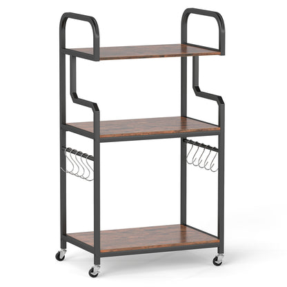3-Tier Rolling Printer Stand with Storage Shelves & 10 Hooks and Locking Wheels-Rustic Brown