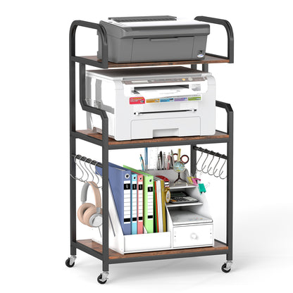 3-Tier Rolling Printer Stand with Storage Shelves & 10 Hooks and Locking Wheels-Rustic Brown