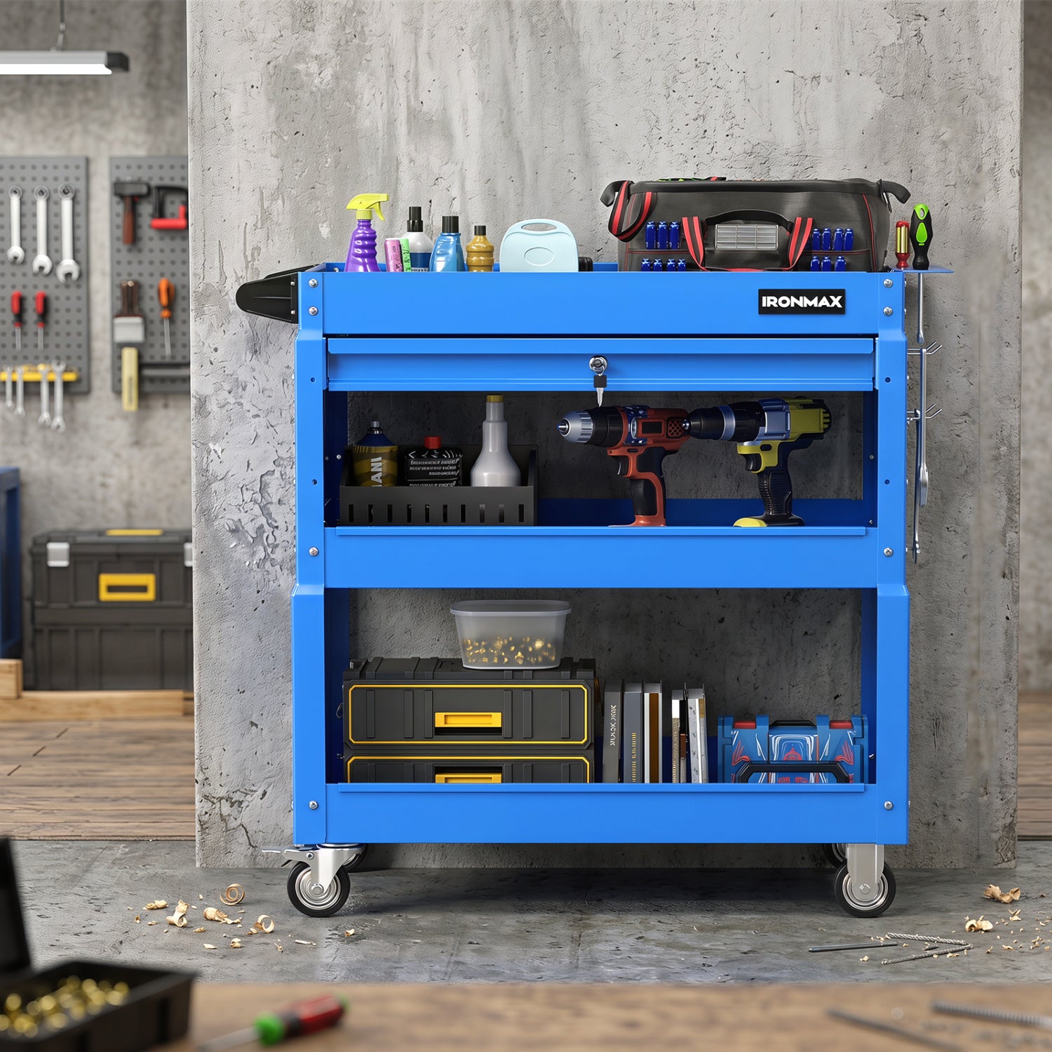 Black 3-tier rolling tool cart with lockable drawer, ideal for garage and workshop storage, from Direct by Wilsons Home Store