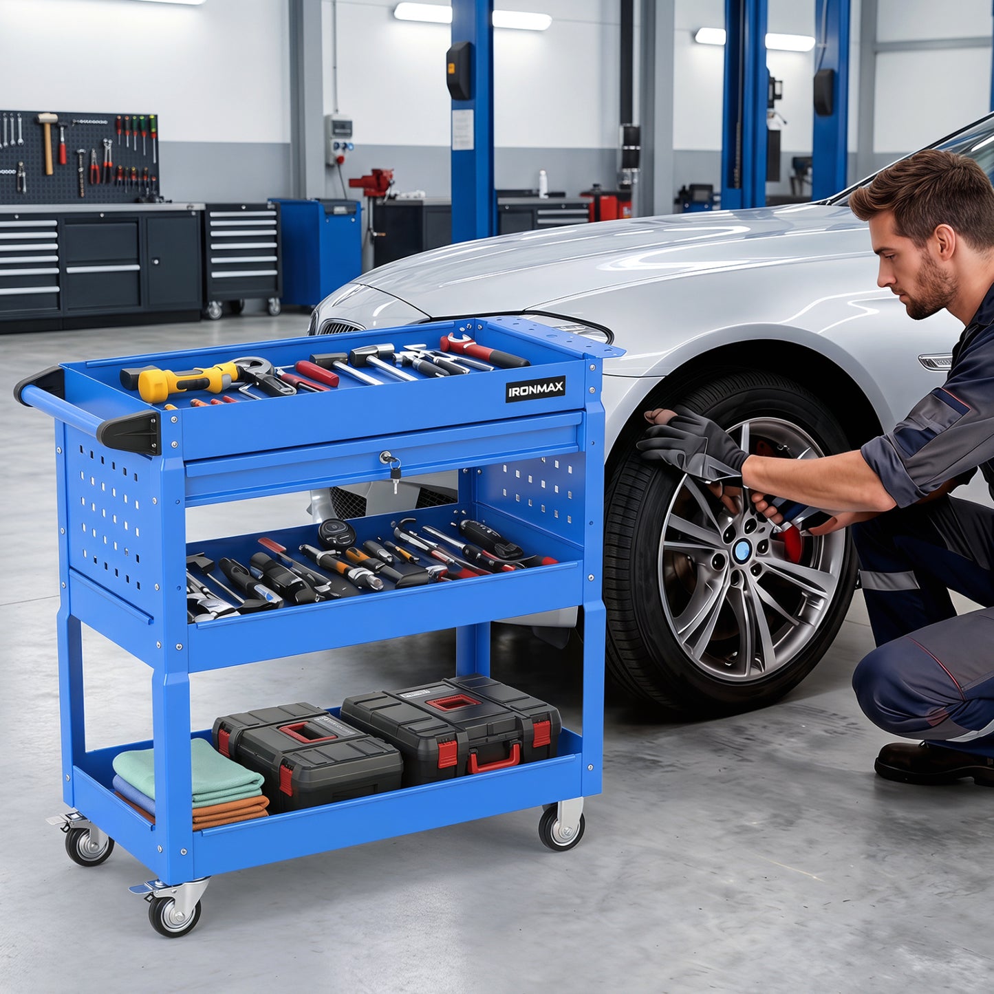 Black 3-tier rolling tool cart with lockable drawer, ideal for garage and workshop storage, from Direct by Wilsons Home Store.