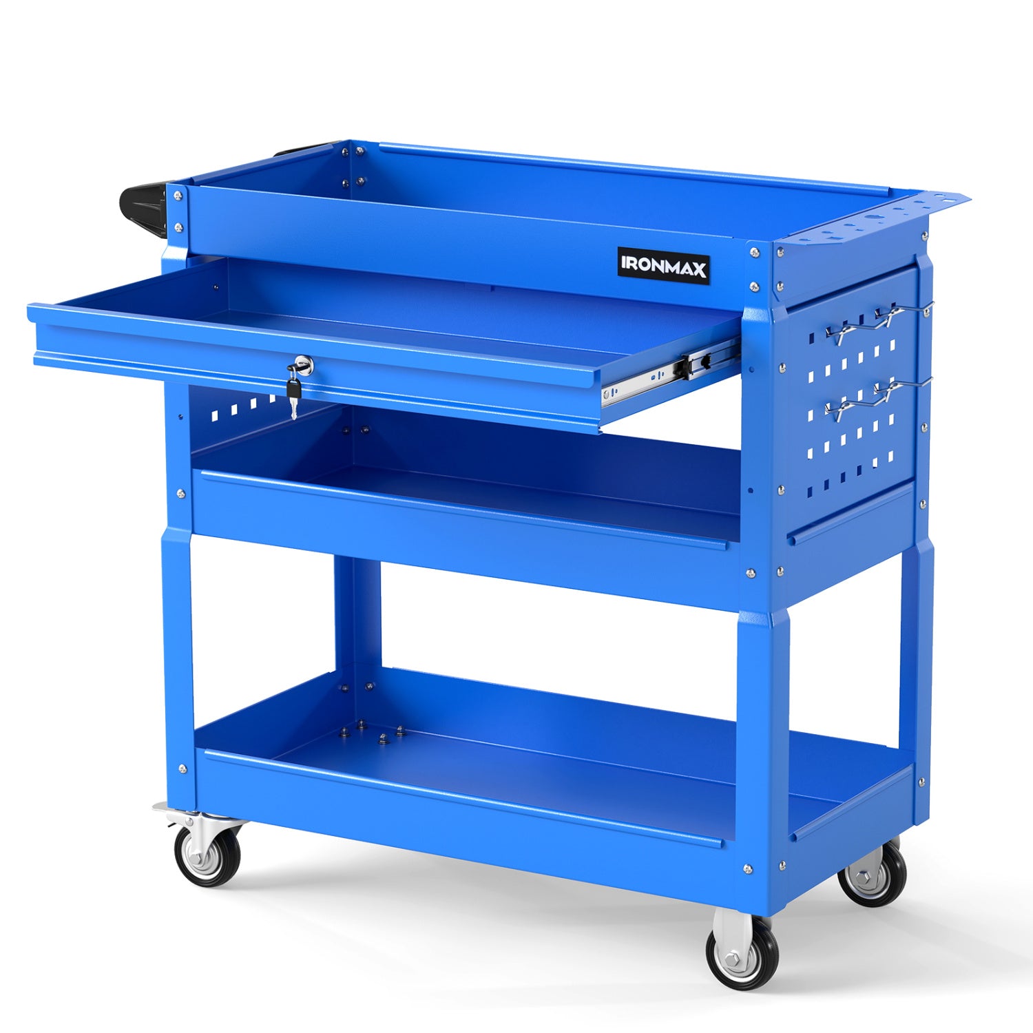 Black 3-tier rolling tool cart with lockable drawer for garage and workshop storage, featuring sturdy wheels and organized compartments.