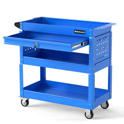 Black 3-tier rolling tool cart with lockable drawer for garage and workshop storage, featuring sturdy wheels and organized compartments.
