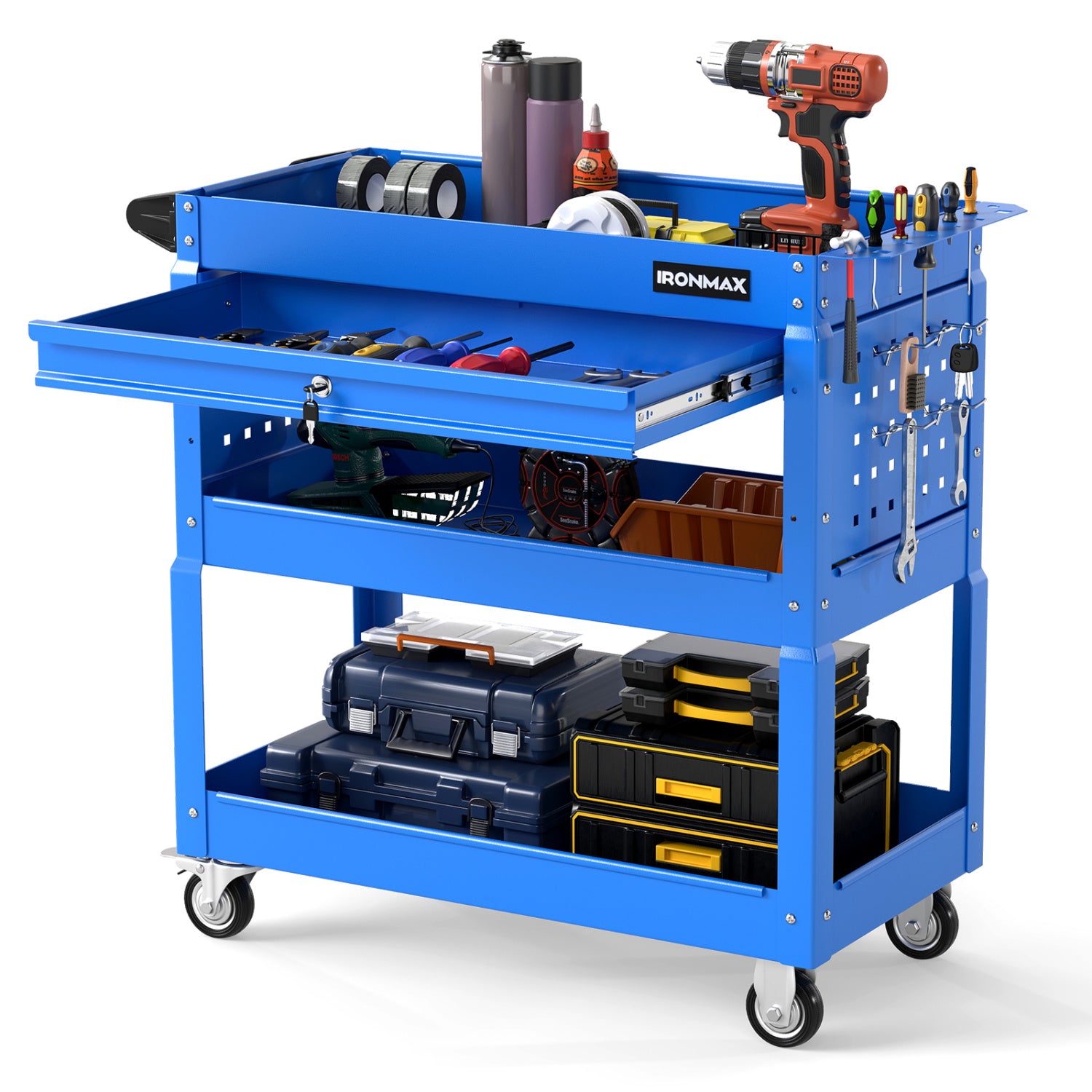 Black 3-tier rolling tool cart with lockable drawer from Wilsons Home Store, ideal for garage and workshop storage.