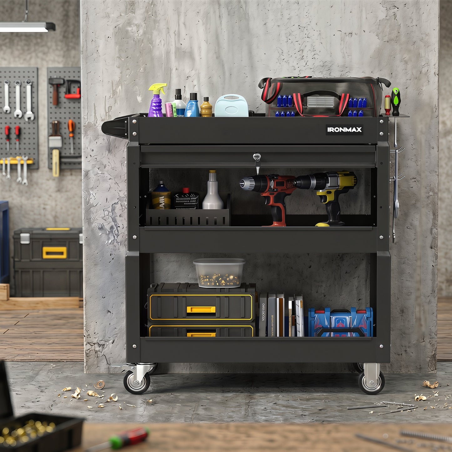 Black 3-tier rolling tool cart with lockable drawer from Wilsons Home Store, ideal for garage and workshop storage.