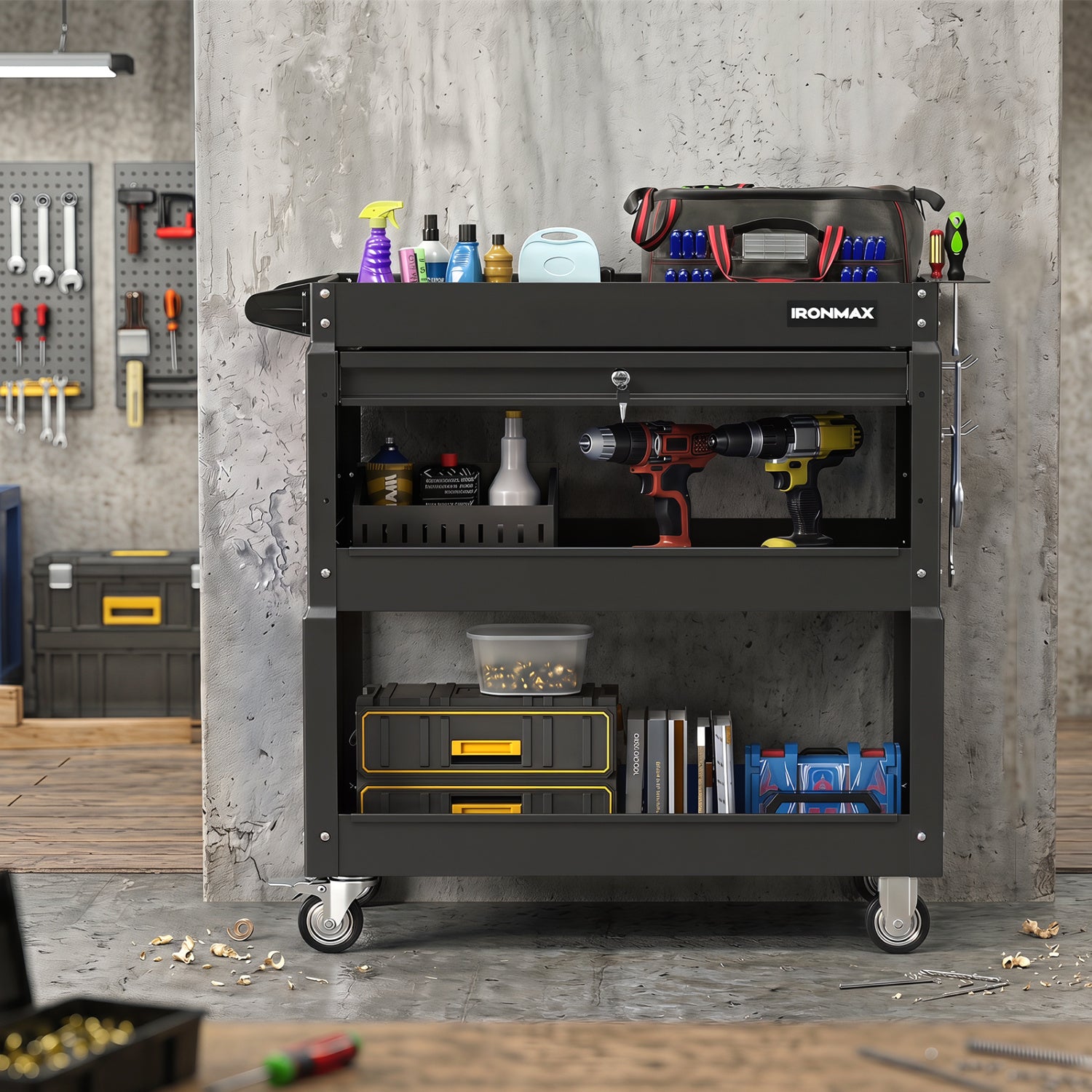 Black 3-tier rolling tool cart with lockable drawer from Wilsons Home Store, ideal for garage and workshop storage.