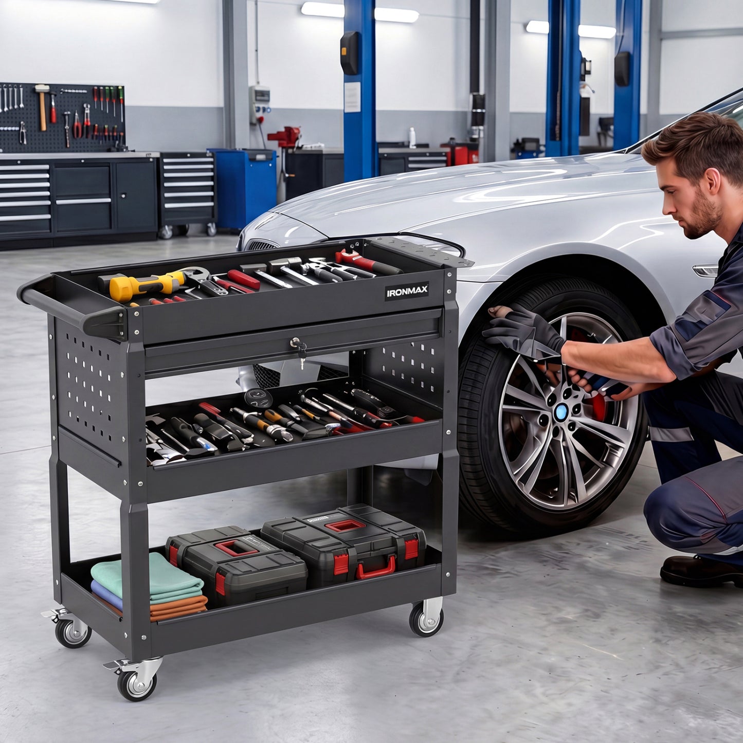Black 3-tier rolling tool cart with lockable drawer, ideal for garage and workshop storage from Wilsons Home Store.