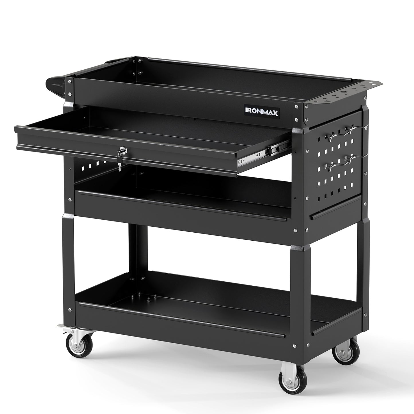 Black 3-tier rolling tool cart with lockable drawer from Wilsons Home Store, ideal for garage and workshop storage.