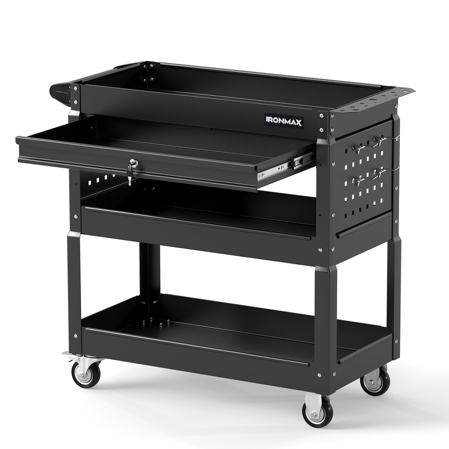 Black 3-tier rolling tool cart with lockable drawer from Wilsons Home Store, ideal for garage and workshop storage.