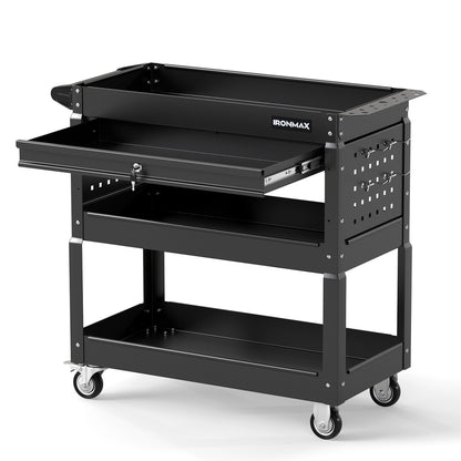 Black 3-tier rolling tool cart with lockable drawer from Wilsons Home Store, ideal for garage and workshop storage.