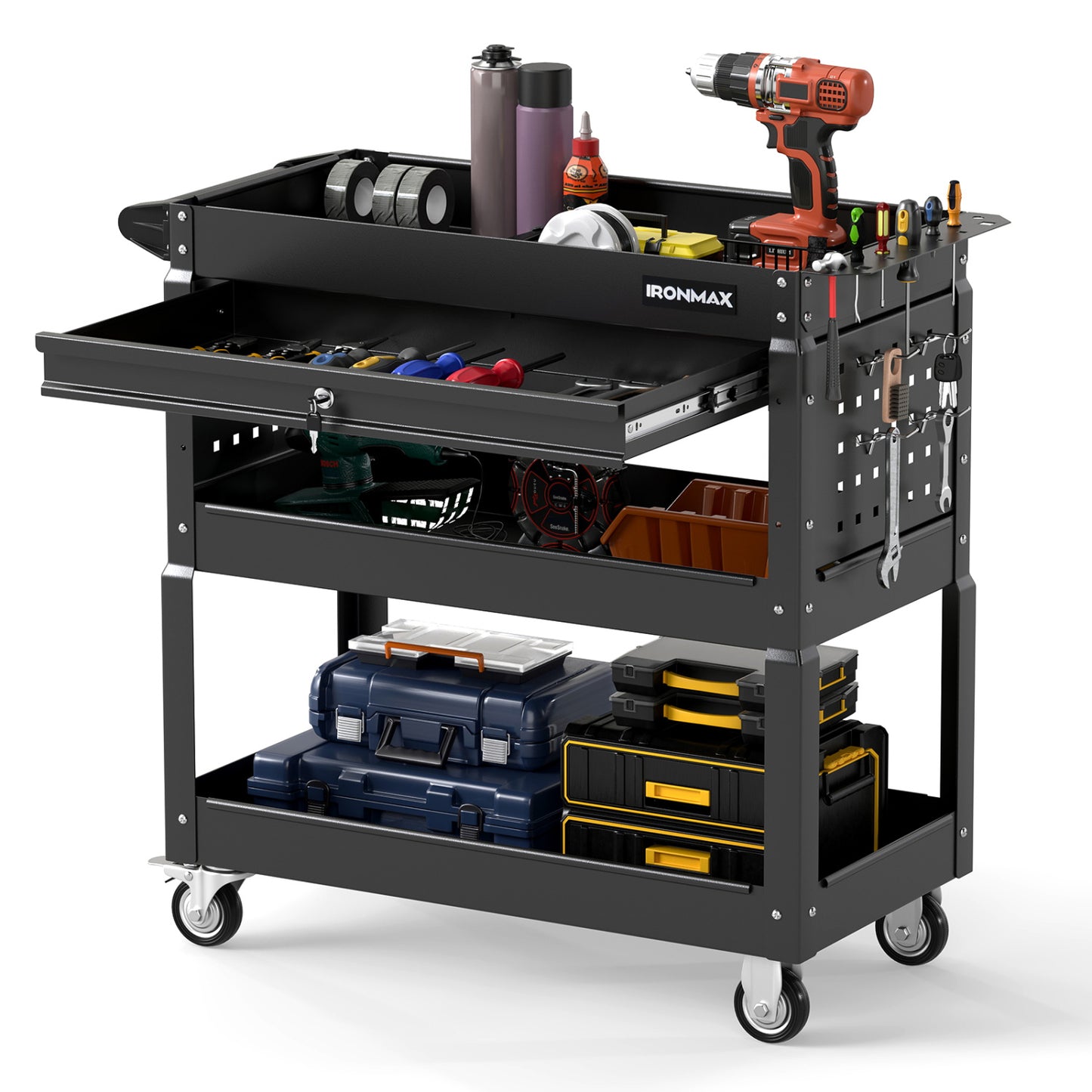 Black 3-tier rolling tool cart with lockable drawer from Wilsons Home Store, ideal for garage and workshop storage.