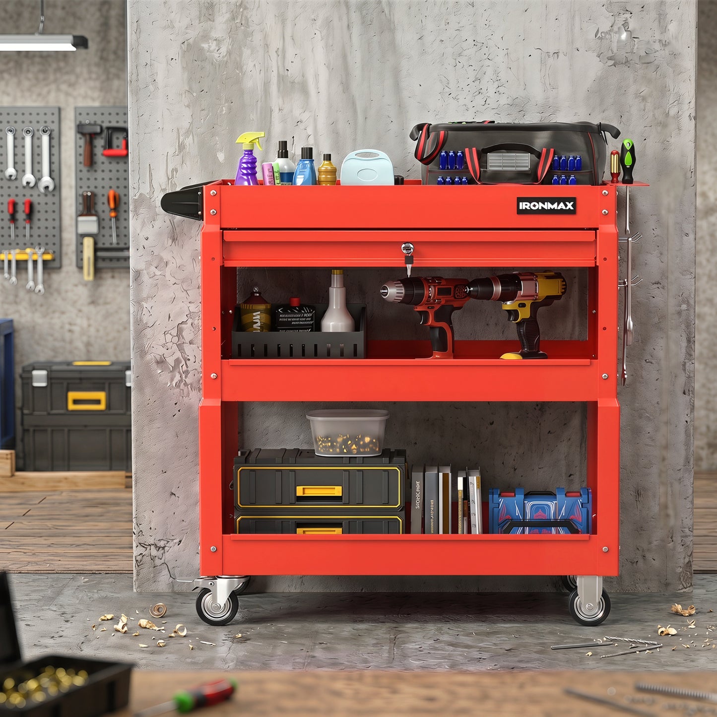 Black 3-tier rolling tool cart with lockable drawer from Wilsons Home Store, ideal for garage and workshop storage.