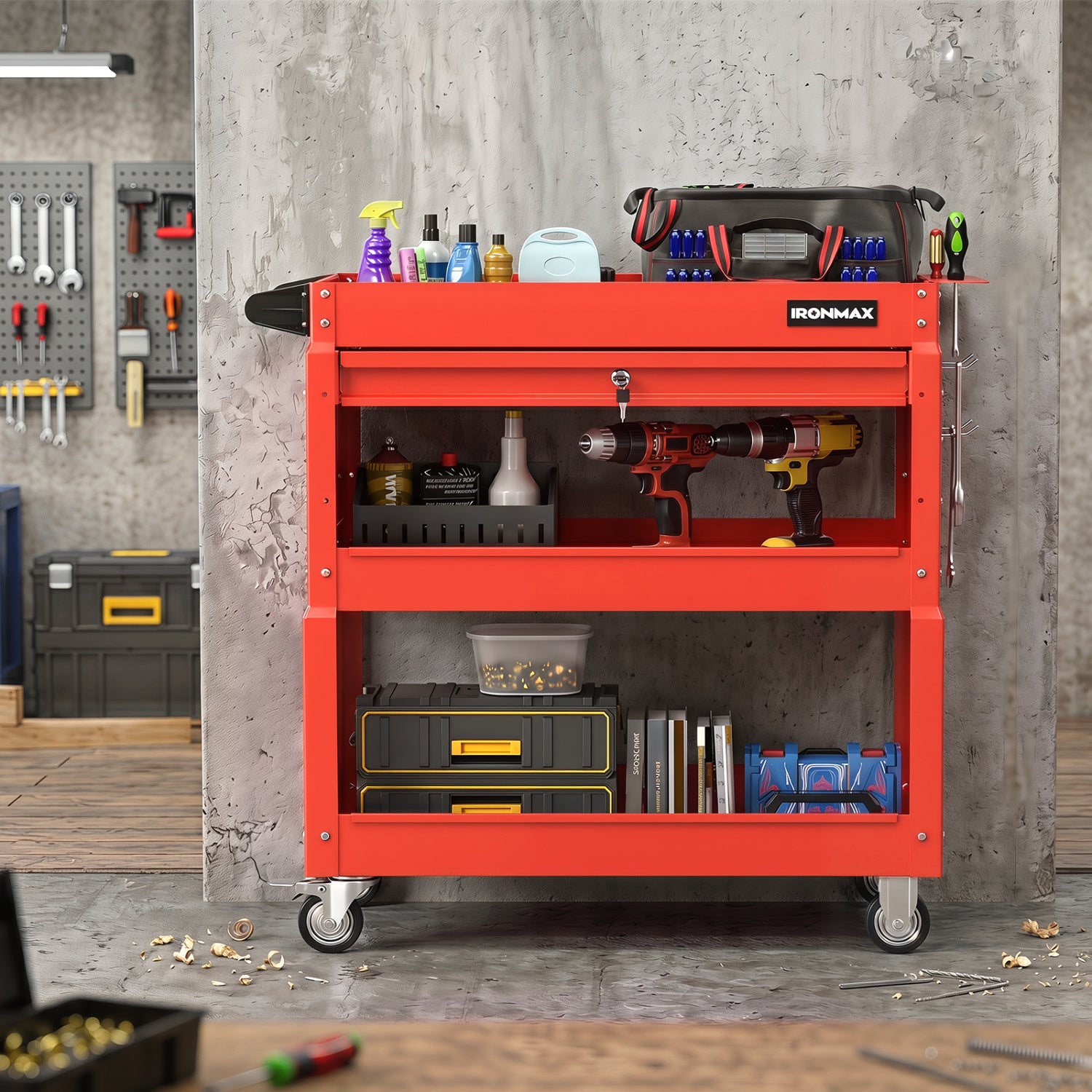 Black 3-tier rolling tool cart with lockable drawer from Wilsons Home Store, ideal for garage and workshop storage.