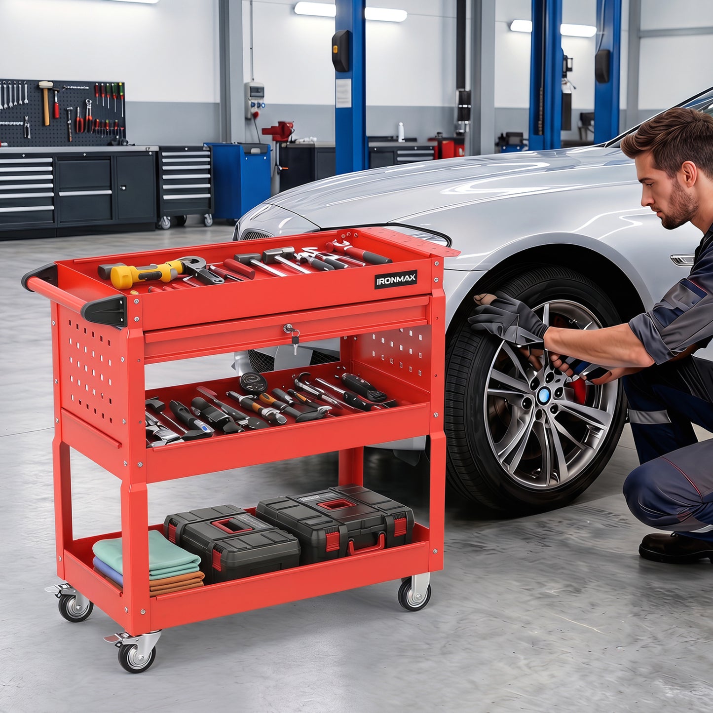Black 3-tier rolling tool cart with lockable drawer, ideal for garage and workshop storage, by Direct by Wilsons Home Store.