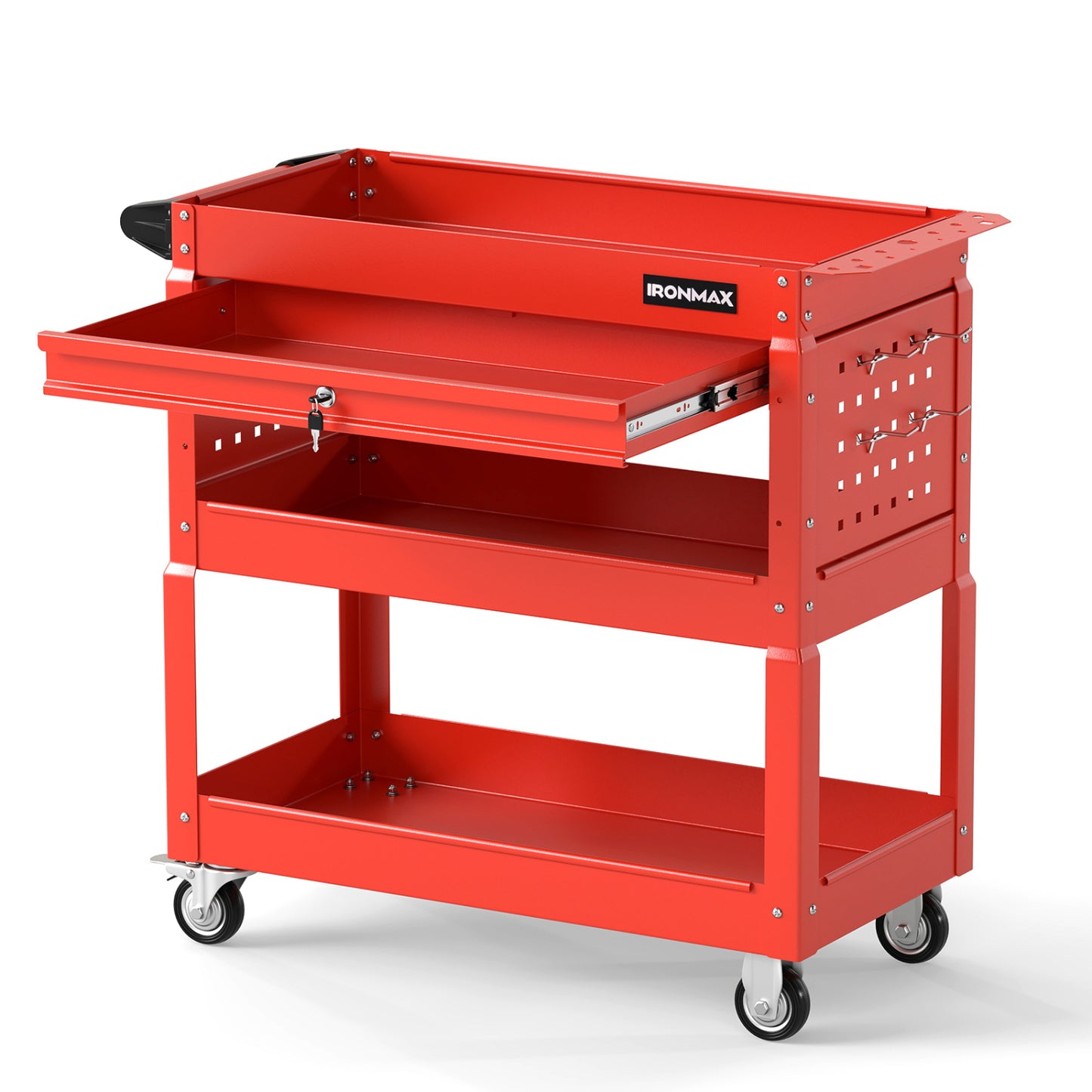 Black 3-tier rolling tool cart with lockable drawer for garage or workshop storage, featuring sturdy wheels and organized compartments.