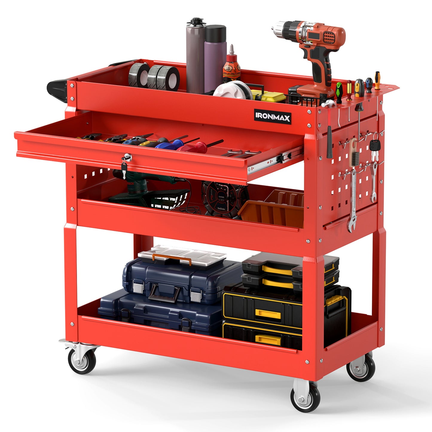 Black 3-tier rolling tool cart with lockable drawer, ideal for garage and workshop storage by Direct by Wilsons Home Store