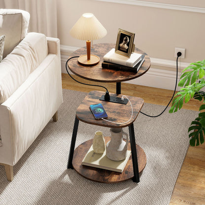 3-Tier Round End Table with Charging Station with Metal Frame-1 pack