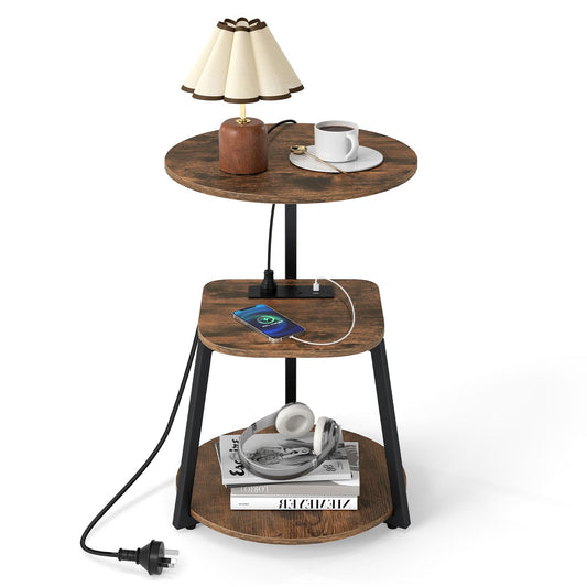 Round 3-tier end table with metal frame and built-in charging station, ideal for living room side table use.