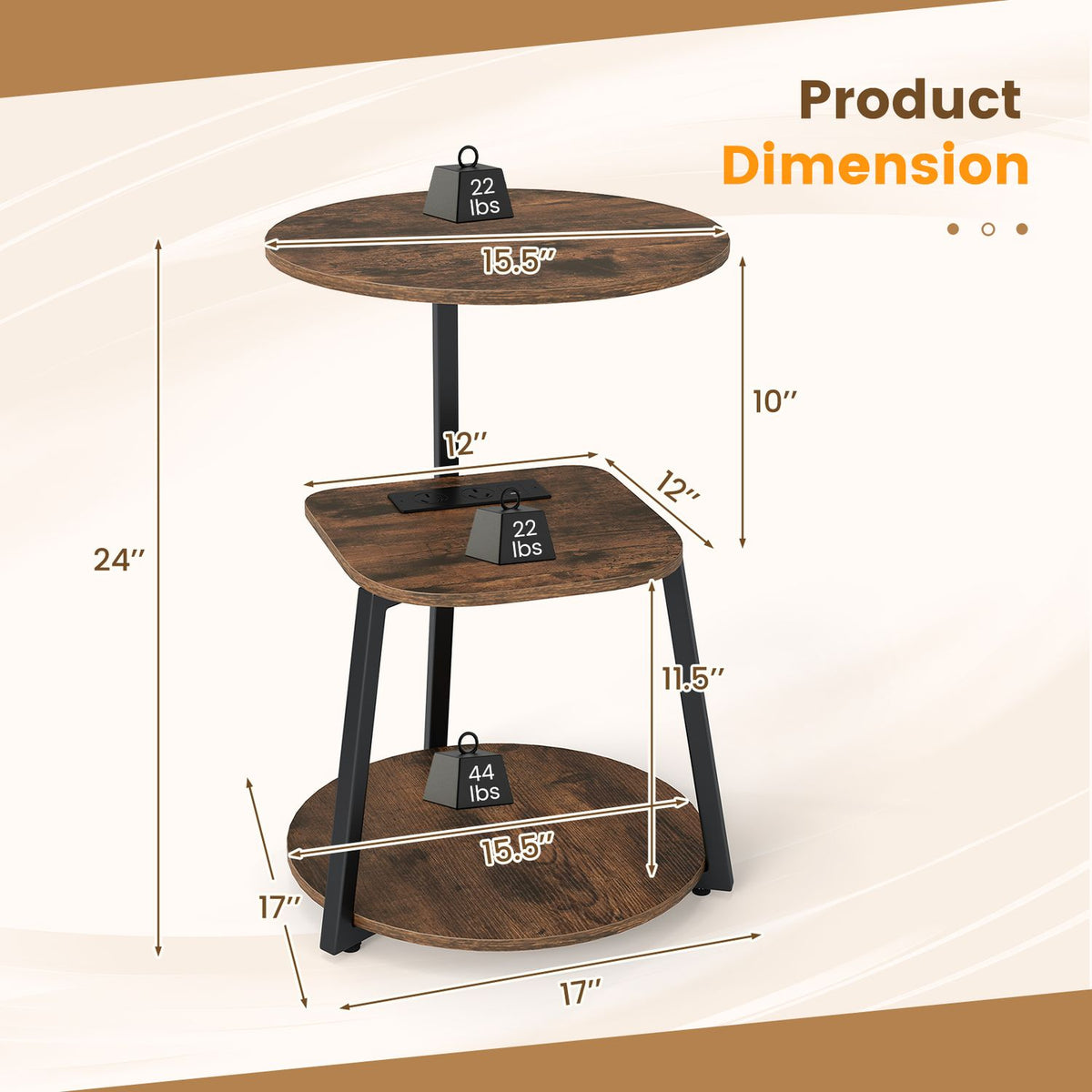 3-Tier Round End Table with Charging Station with Metal Frame-1 pack