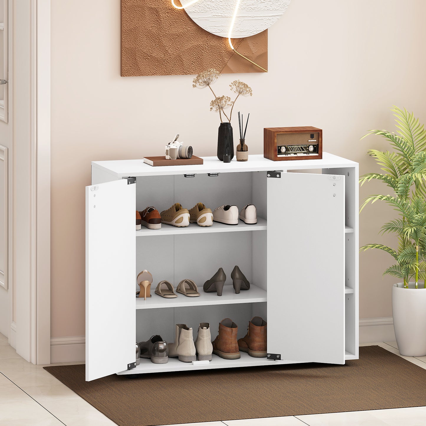 3-Tier Shoe Cabinet with Doors with Adjustable Open Shelves for Entryway-Natural