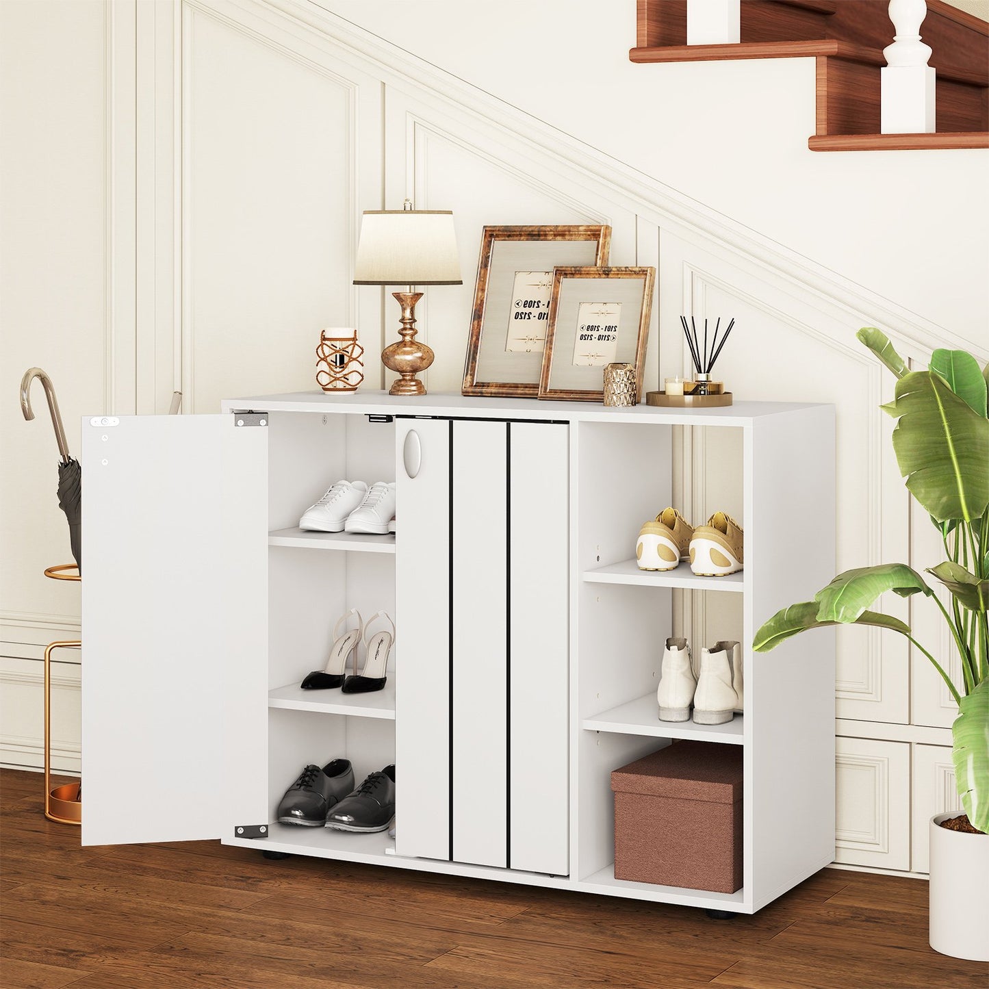 3-Tier Shoe Cabinet with Doors with Adjustable Open Shelves for Entryway-Natural