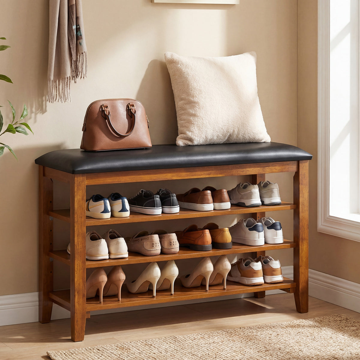 Store Ben Rack 3-Tier Shoe Rack Bench with Adjustable Shelves and Soft Cushion for ...