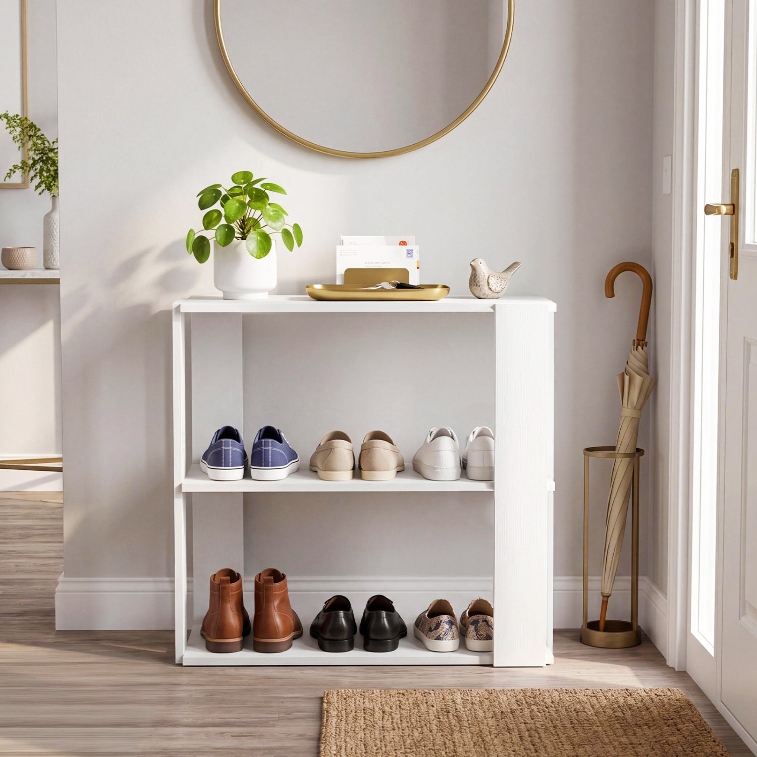 White 3-tier shoe rack by Wilsons Home Store, modern shoe organizer with stackable design for entryway storage.