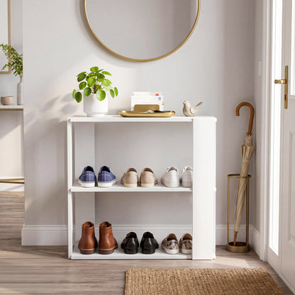 White 3-tier shoe rack by Wilsons Home Store, modern shoe organizer with stackable design for entryway storage.