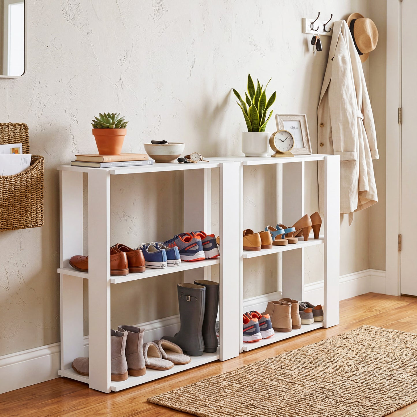 White 3-tier shoe rack from Wilsons Home Store featuring modern design and stackable shelves for organized entryway storage.