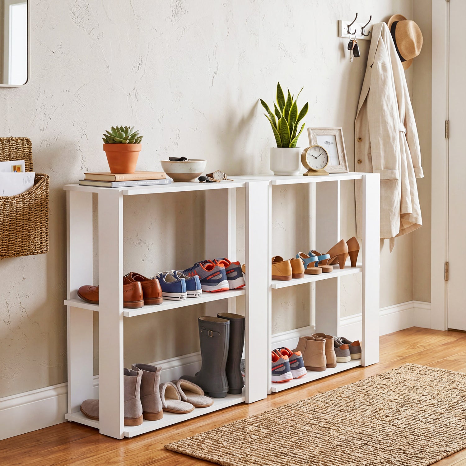 White 3-tier shoe rack from Wilsons Home Store featuring modern design and stackable shelves for organized entryway storage.