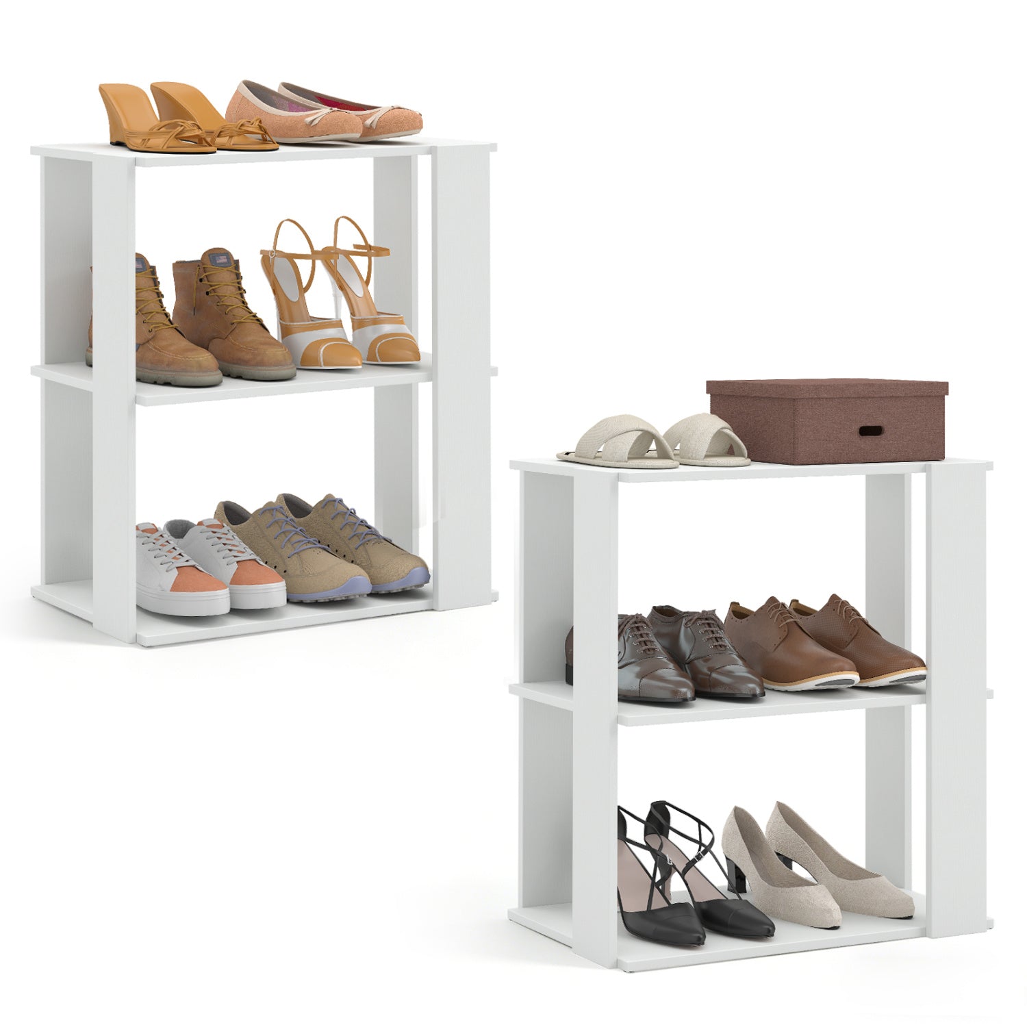 Set of two white 3-tier shoe racks by Wilsons Home Store with stackable design and anti-tipping features for closet storage.