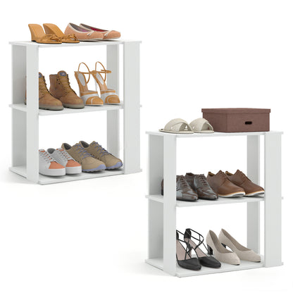Set of two white 3-tier shoe racks by Wilsons Home Store with stackable design and anti-tipping features for closet storage.