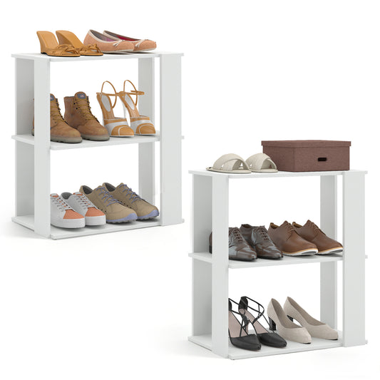 Set of two white 3-tier shoe racks by Wilsons Home Store with stackable design and anti-tipping features for closet storage.