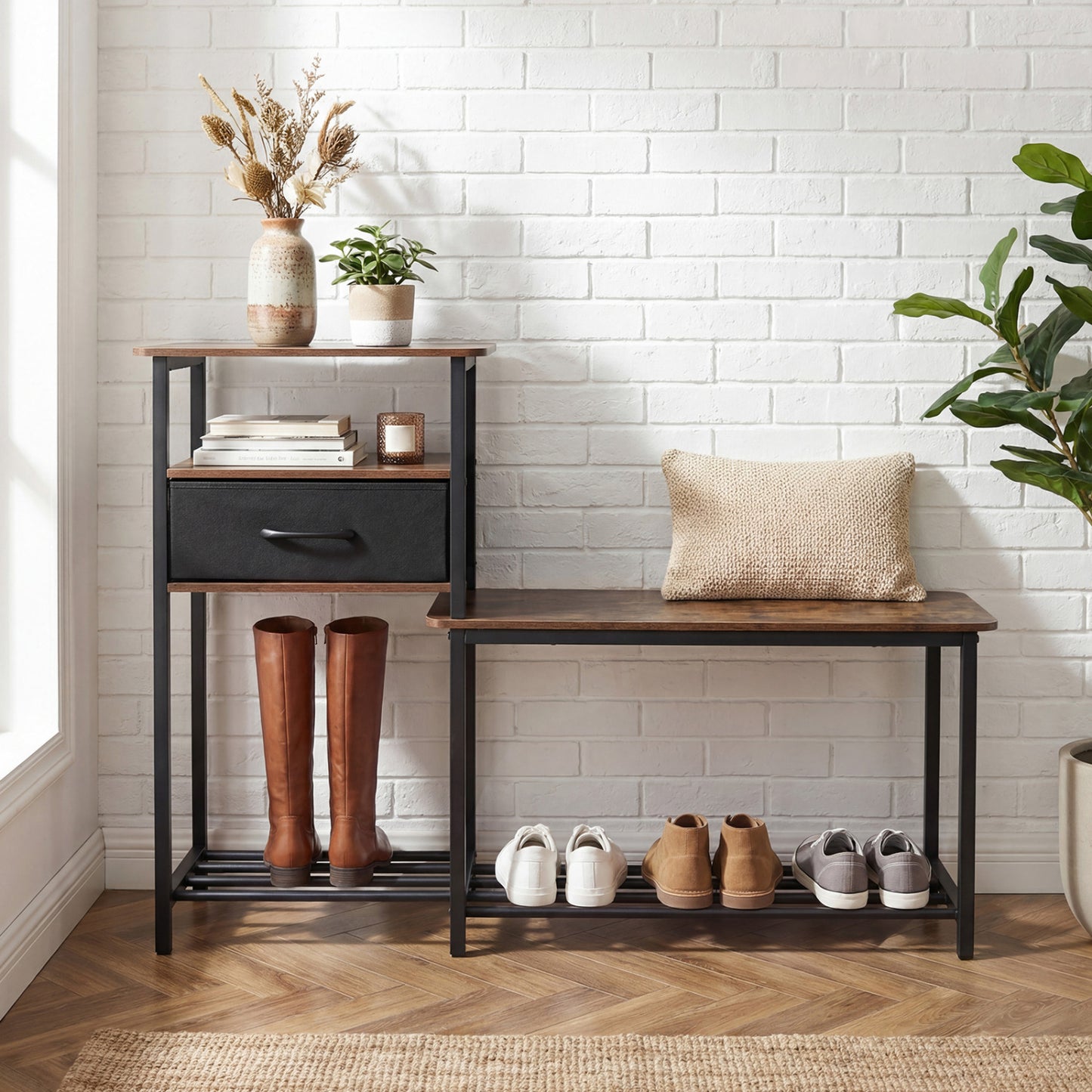 Rustic brown 3-tier shoe storage rack with bench, drawer, and metal frame, ideal for entryway organization.
