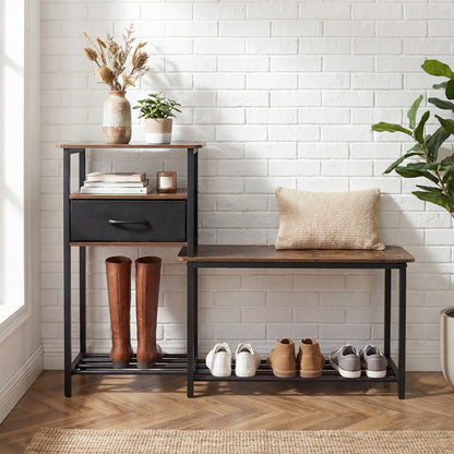 Rustic brown 3-tier shoe storage rack with bench, drawer, and metal frame, ideal for entryway organization.